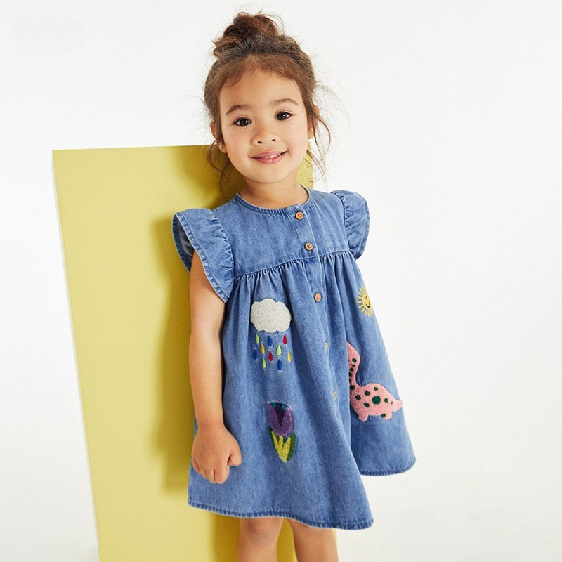 toddler girl denim dress with animal appliqué flutter sleeve 4T Yarafly