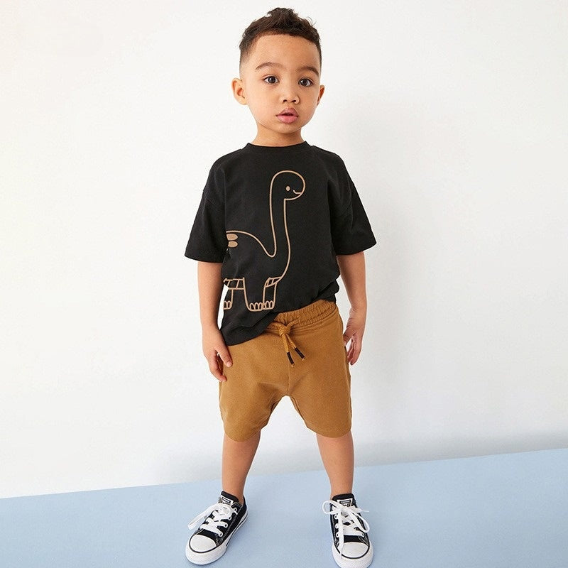 toddler boy black dinosaur graphic tee and brown shorts outfit 2T-7T Yarafly