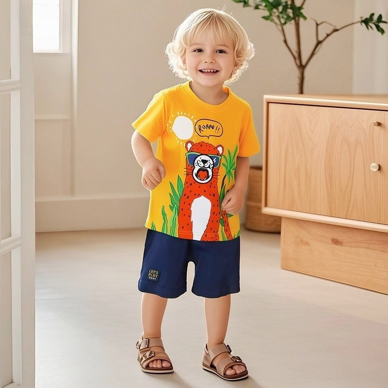 toddler boy roar cheetah 2-piece summer outfit yellow 2T-7T Yarafly