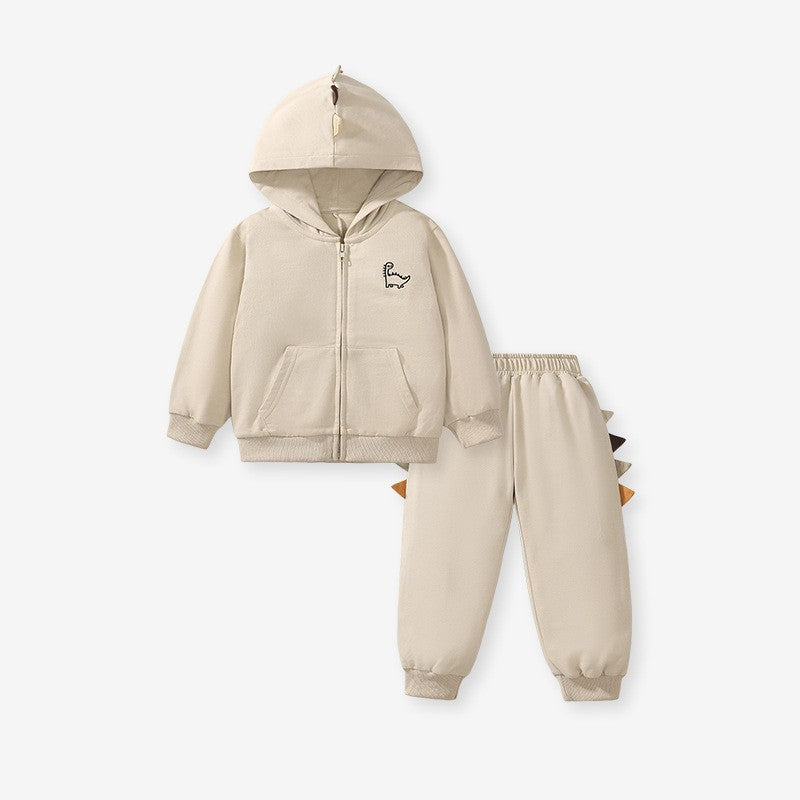 toddler boy beige dinosaur hoodie and pants set 2T-7T Yarafly