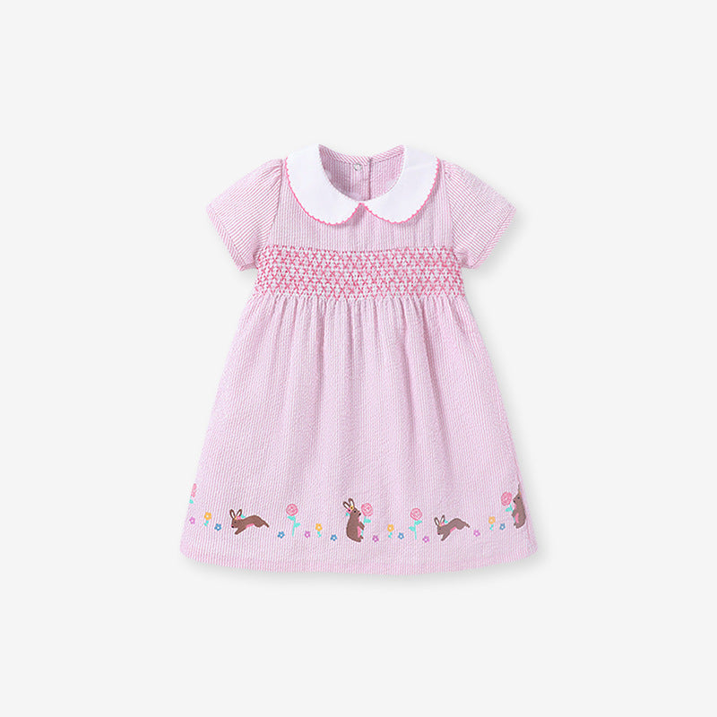 toddler girl pink bunny embroidered seersucker dress Yarafly