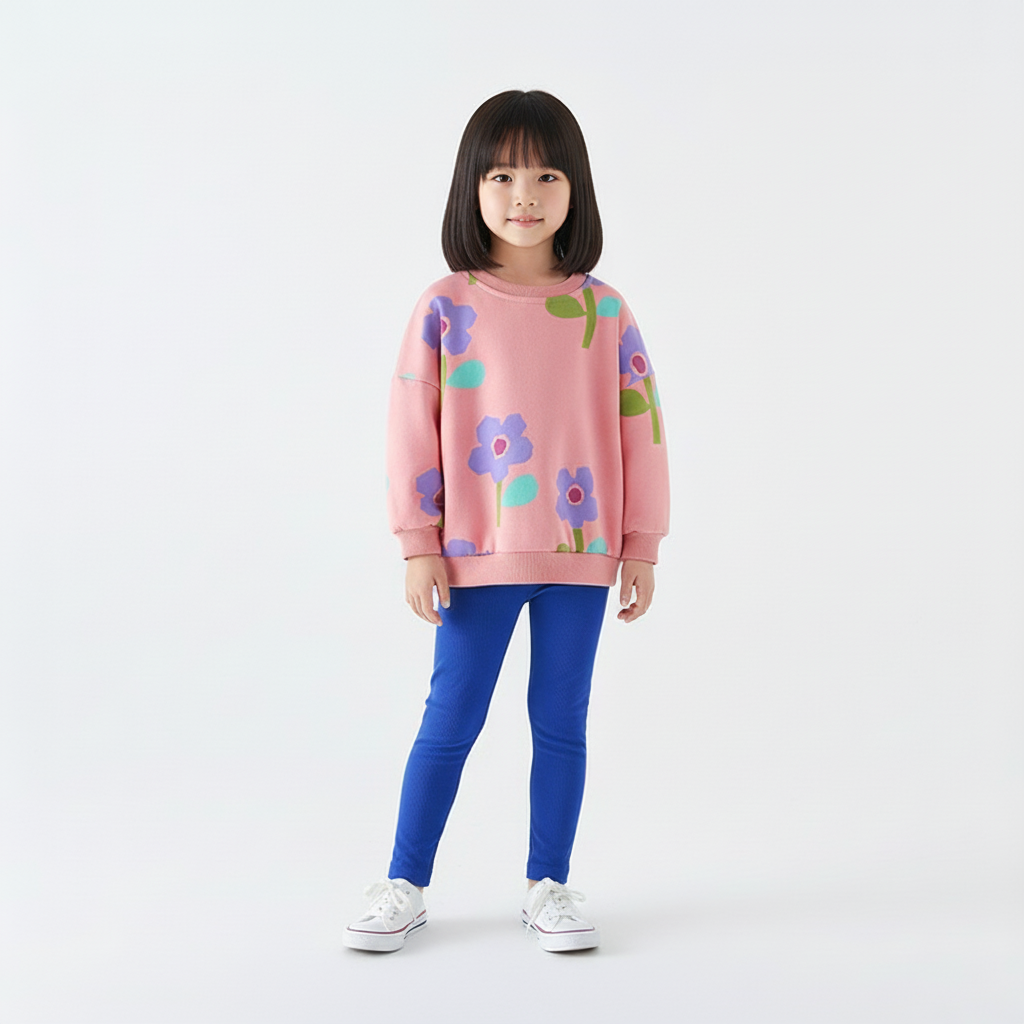 Toddler girl pink floral sweatshirt and blue leggings back-to-school outfit set 3T-8T Yarafly