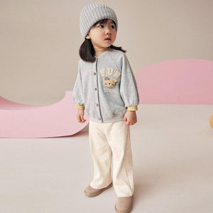 Toddler & Kids Grey Teddy Button-Up Sweatshirt with Cream Pants Outfit