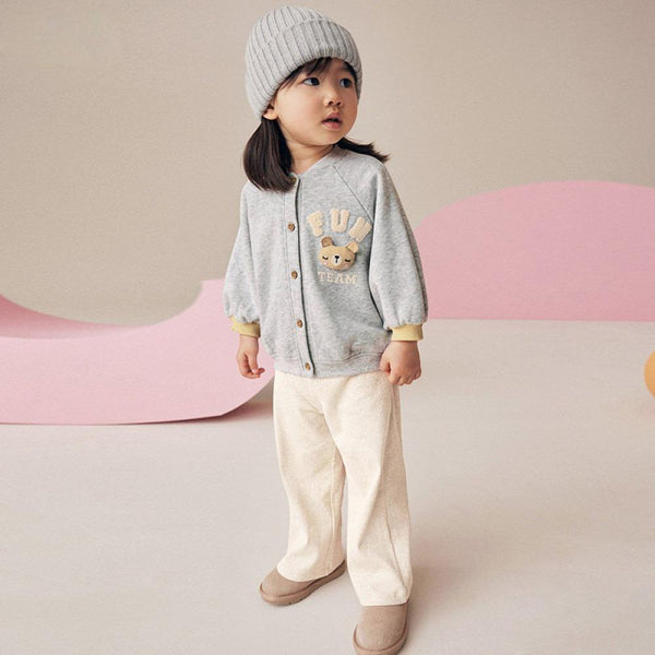 Toddler & Kids Grey Teddy Button-Up Sweatshirt with Cream Pants Outfit