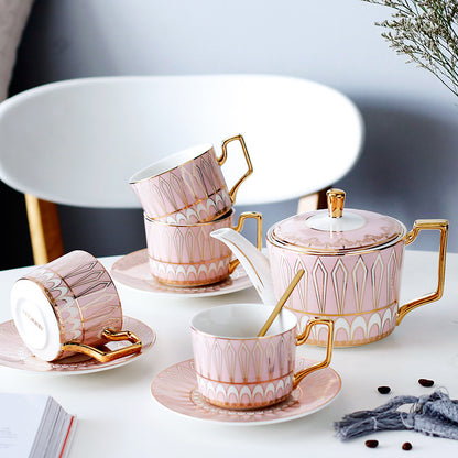 British Luxury Gold-Plated Pink Ceramic Coffee/Tea Cup & Saucer Set with Spoon - Yarafly 