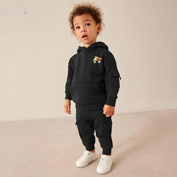 kids black Tractor hoodie Set