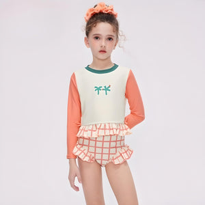 Long Sleeve Ruffle Swimsuit Set – Palm Tree Print