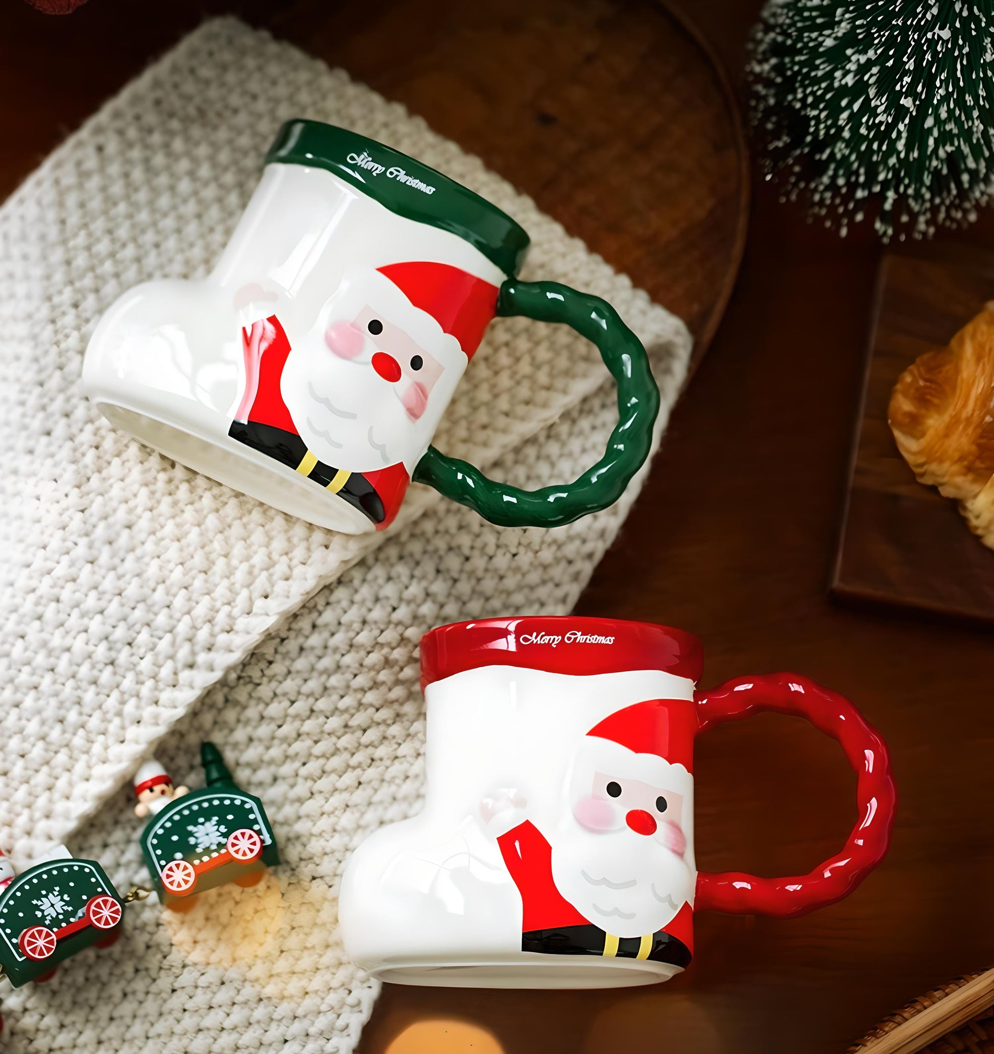 Whimsical Christmas Character Mugs Set - Santa and Snowman Sock Shaped Ceramic Cups - Yarafly 