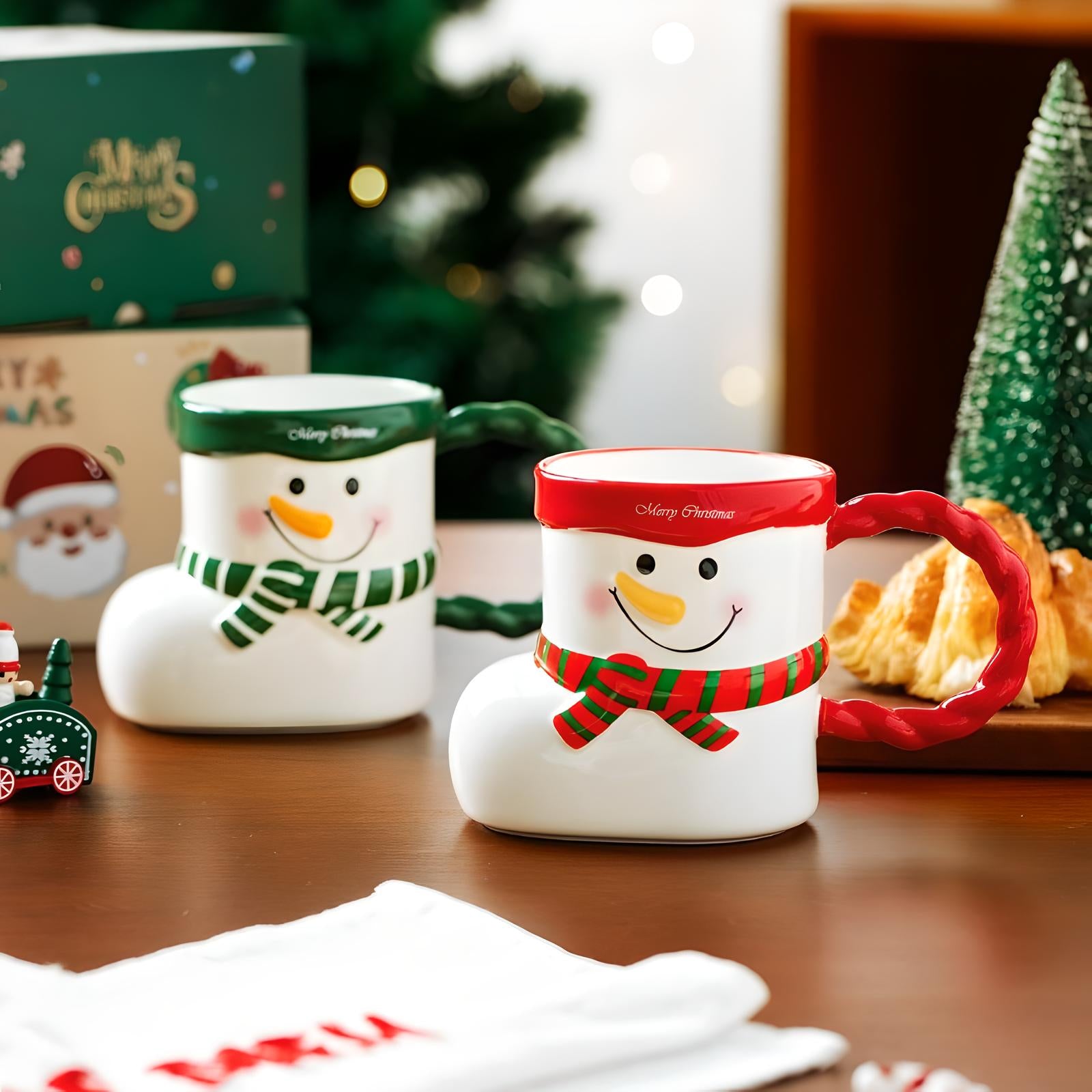 Whimsical Christmas Character Mugs Set - Santa and Snowman Sock Shaped Ceramic Cups - Yarafly 