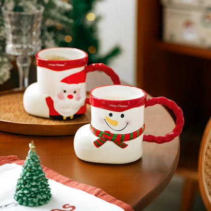 Whimsical Christmas Character Mugs Set - Santa and Snowman Sock Shaped Ceramic Cups - Yarafly 