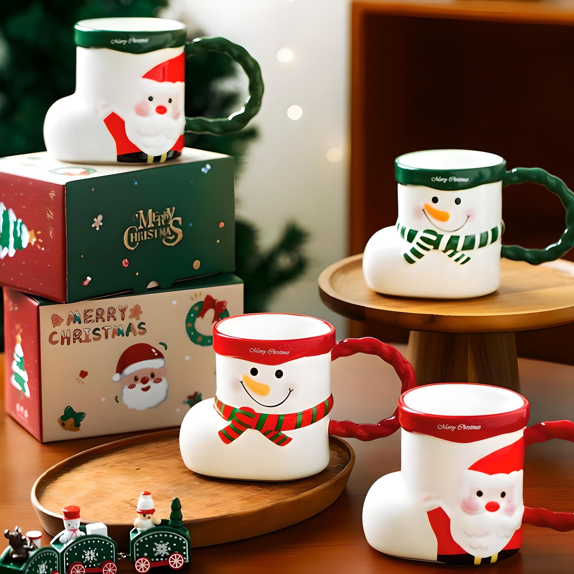 Whimsical Christmas Character Mugs Set - Santa and Snowman Sock Shaped Ceramic Cups - Yarafly 