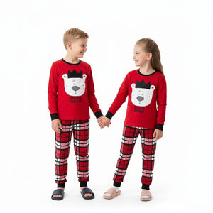 Red Plaid Boss Bear Christmas Pajama Set for Toddler and Kids Boys and Girls