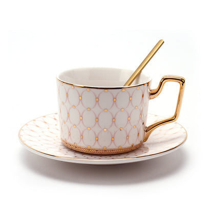 British Luxury Gold-Plated Pink Ceramic Coffee/Tea Cup & Saucer Set with Spoon - Yarafly 