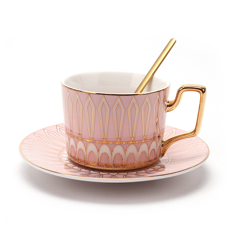 British Luxury Gold-Plated Pink Ceramic Coffee/Tea Cup & Saucer Set with Spoon - Yarafly 