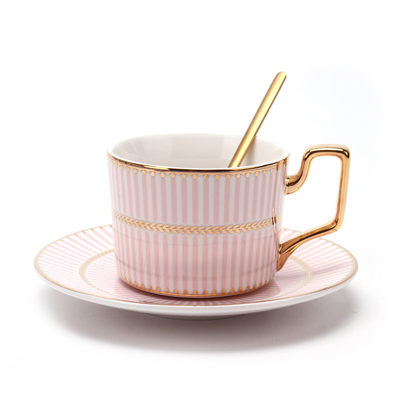 British Luxury Gold-Plated Pink Ceramic Coffee/Tea Cup & Saucer Set with Spoon - Yarafly 