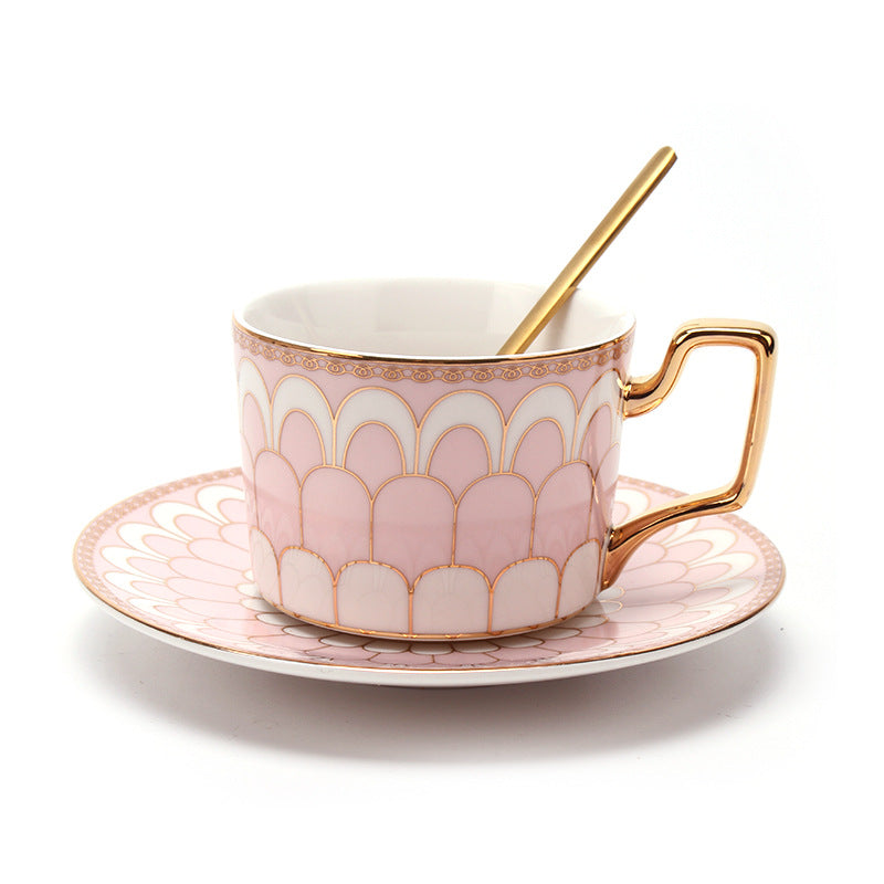 British Luxury Gold-Plated Pink Ceramic Coffee/Tea Cup & Saucer Set with Spoon - Yarafly 