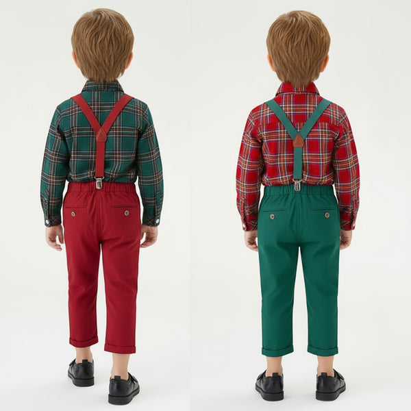 Toddler Boys’ Christmas Plaid Shirt and Suspender Pants Outfit Set (3M–8T)