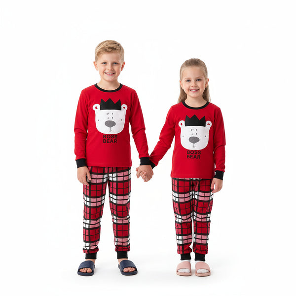 Red Plaid Boss Bear Christmas Pajama Set for Toddler and Kids Boys and Girls