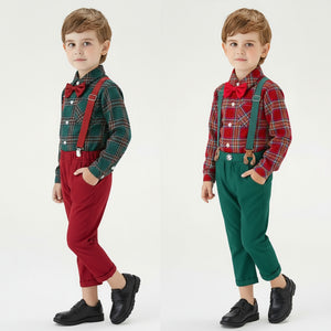 Toddler Boys’ Christmas Plaid Shirt and Suspender Pants Outfit Set (3M–8T)