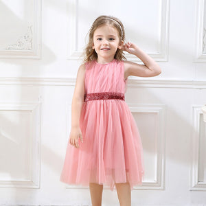 Girls Pink Tulle Party Dress with Sequin Waistband