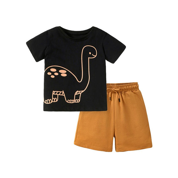 Black Dino Graphic Tee & Brown Shorts Toddler & Kids 2-Piece Outfit