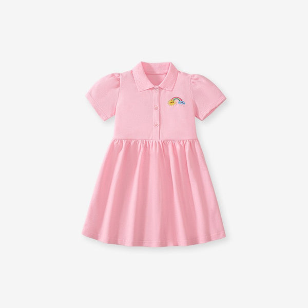 Toddlers & Kids Polo Cotton Dress with Rainbow Embroidery - Yarafly