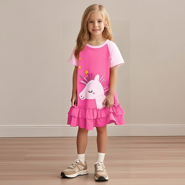 Toddler & Kids Pink Unicorn Ruffle Dress