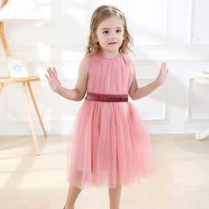 Girls Pink Tulle Party Dress with Sequin Waistband
