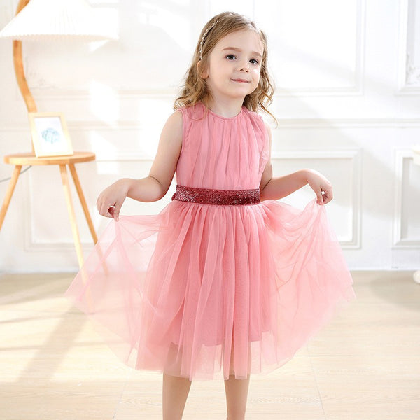 Girls Pink Tulle Party Dress with Sequin Waistband