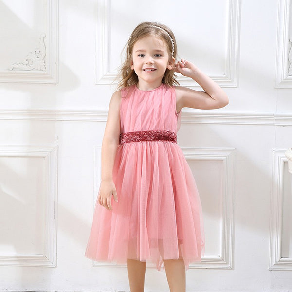 Girls Pink Tulle Party Dress with Sequin Waistband