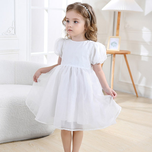 Girls Princess Puff Sleeve Tulle Dress - Pink or White