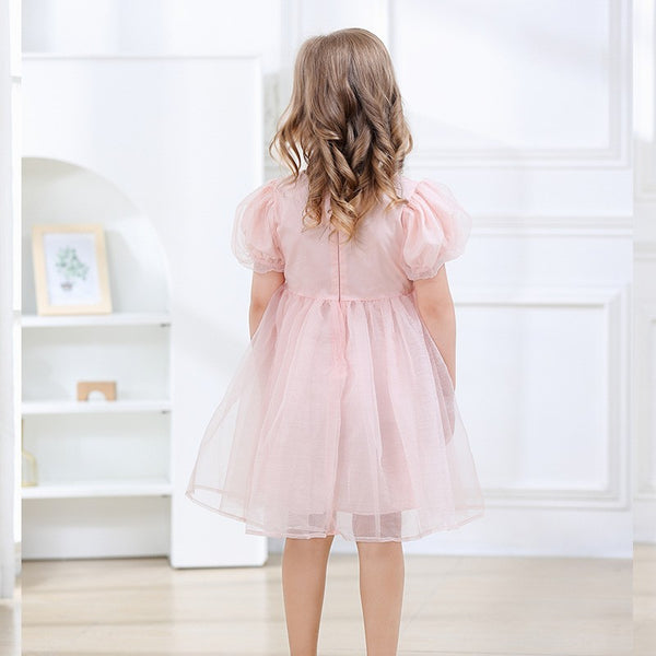Girls Princess Puff Sleeve Tulle Dress - Pink or White
