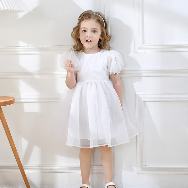 Girls Princess Puff Sleeve Tulle Dress - Pink or White