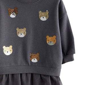 Bear Print Tulle Hem Long Sleeve Dress