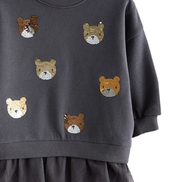 Bear Print Tulle Hem Long Sleeve Dress