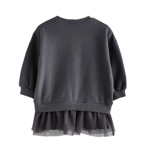 Bear Print Tulle Hem Long Sleeve Dress
