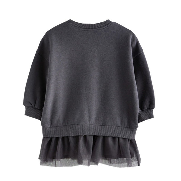 Bear Print Tulle Hem Long Sleeve Dress