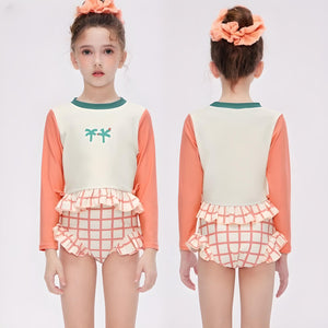 Long Sleeve Ruffle Swimsuit Set – Palm Tree Print