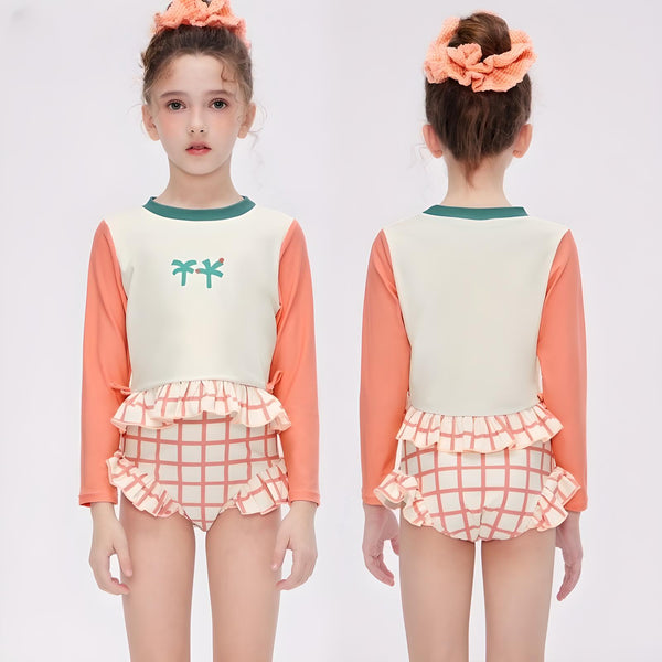Long Sleeve Ruffle Swimsuit Set – Palm Tree Print
