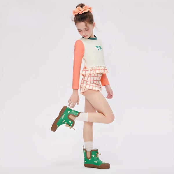 Long Sleeve Ruffle Swimsuit Set – Palm Tree Print