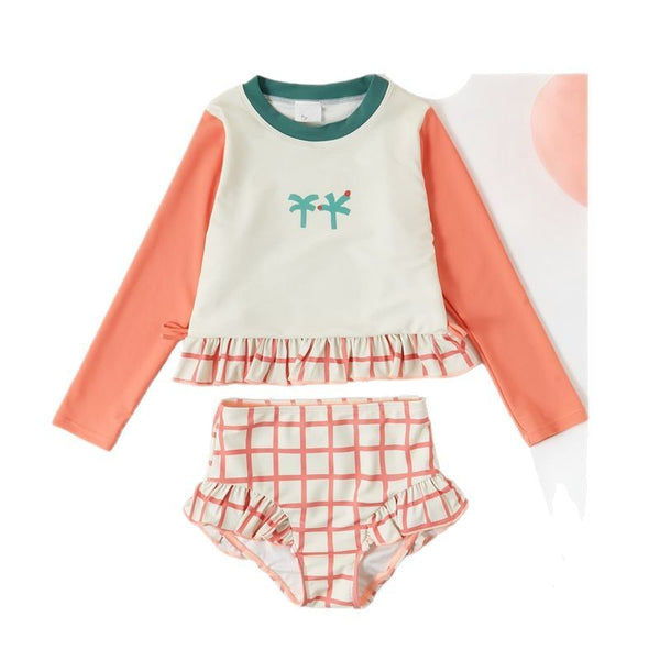 Long Sleeve Ruffle Swimsuit Set – Palm Tree Print