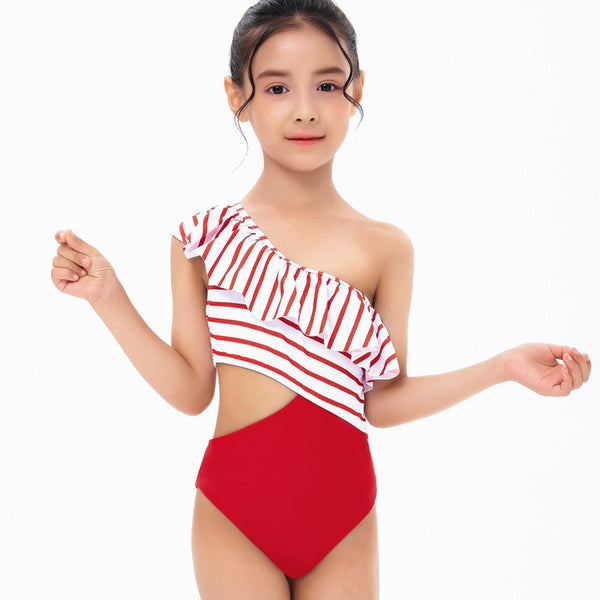 Red One-Shoulder Ruffle Swimsuit