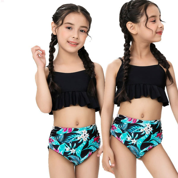 Black Ruffle Bikini with Tropical Floral Bottom