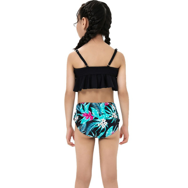 Black Ruffle Bikini with Tropical Floral Bottom
