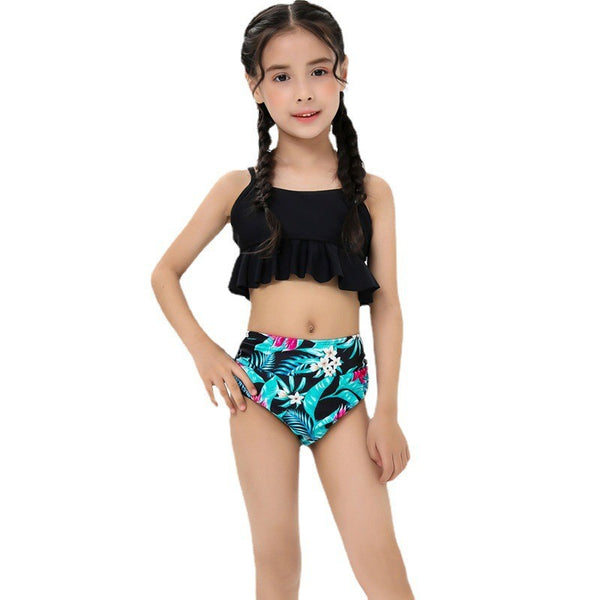 Black Ruffle Bikini with Tropical Floral Bottom