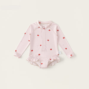 Baby and Toddler Girl Pink Apple-Print Long Sleeve Swimsuit