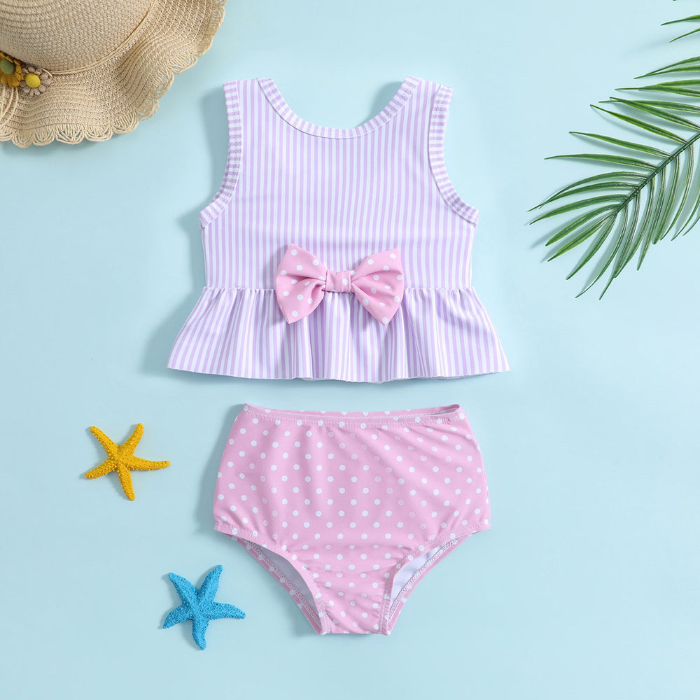 Baby & Toddler Girl Lavender Stripe and Polka Dot Bow Bikini Set