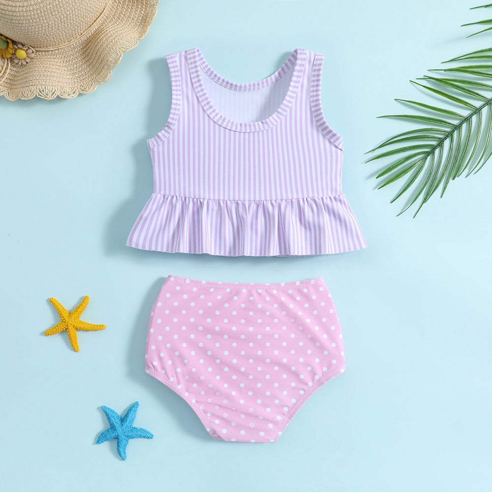 Baby & Toddler Girl Lavender Stripe and Polka Dot Bow Bikini Set
