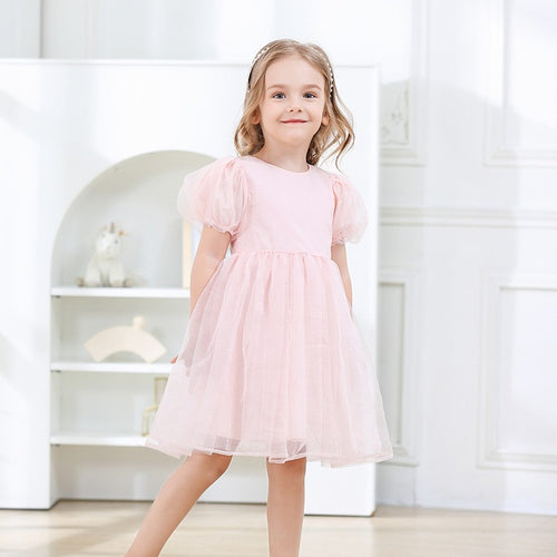 Girls Princess Puff Sleeve Tulle Dress - Pink or White