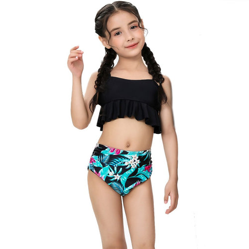 Black Ruffle Bikini with Tropical Floral Bottom